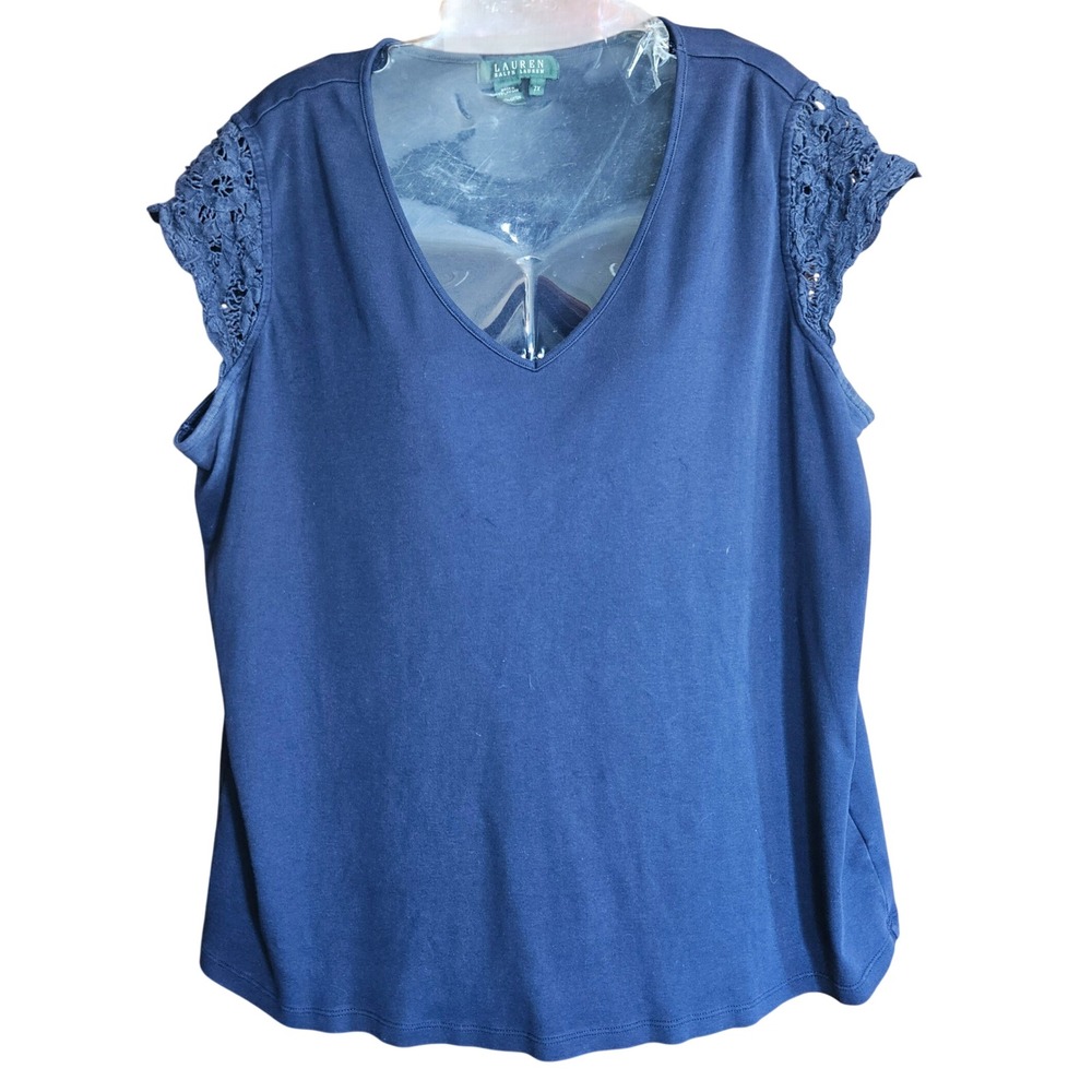 Lauren Ralph Lauren Navy Blue Crochet Lace Sleeve V-Neck Cotton Top Plus Size 2X